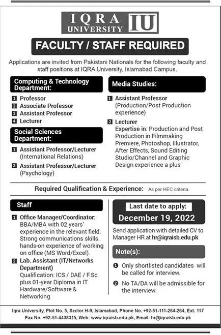 Iqra University Jobs